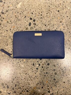 Kate Spade Navy Zip-Around Leather Wallet with Gold Plaque